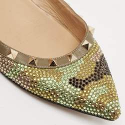 Pre Owned Valentino Green Leather Crystal Embellished Rockstud Ballet Flats Size 39.5