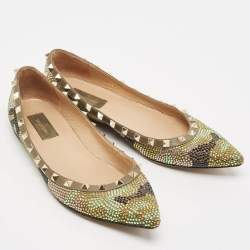 Pre Owned Valentino Green Leather Crystal Embellished Rockstud Ballet Flats Size 39.5
