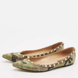 Pre Owned Valentino Green Leather Crystal Embellished Rockstud Ballet Flats Size 39.5