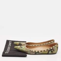 Pre Owned Valentino Green Leather Crystal Embellished Rockstud Ballet Flats Size 39.5