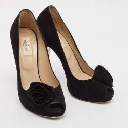 Pre Owned Valentino Black Suede Rose Peep Toe Pumps Size 39