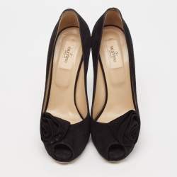 Pre Owned Valentino Black Suede Rose Peep Toe Pumps Size 39