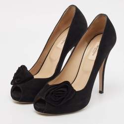 Pre Owned Valentino Black Suede Rose Peep Toe Pumps Size 39