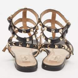 Pre Owned Valentino Black Leather Rockstud Ankle Strap Flat Sandals Size 38