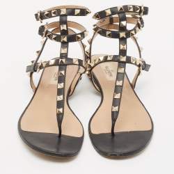 Pre Owned Valentino Black Leather Rockstud Ankle Strap Flat Sandals Size 38