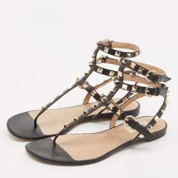 Pre Owned Valentino Black Leather Rockstud Ankle Strap Flat Sandals Size 38