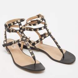 Pre Owned Valentino Black Leather Rockstud Ankle Strap Flat Sandals Size 38