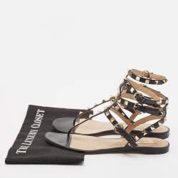 Pre Owned Valentino Black Leather Rockstud Ankle Strap Flat Sandals Size 38