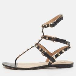 Pre Owned Valentino Black Leather Rockstud Ankle Strap Flat Sandals Size 38