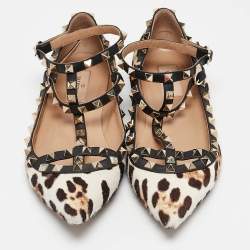Pre Owned Valentino Multicolor Calf Hair and Leather Rockstud Ankle Strap Ballet Flats Size 38