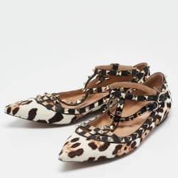 Pre Owned Valentino Multicolor Calf Hair and Leather Rockstud Ankle Strap Ballet Flats Size 38