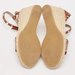 Pre Owned Valentino Brown Leather Rockstud Ankle Strap Espadrille Wedge Sandals Size 39