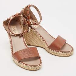 Pre Owned Valentino Brown Leather Rockstud Ankle Strap Espadrille Wedge Sandals Size 39