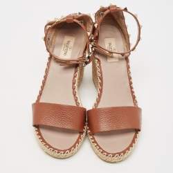 Pre Owned Valentino Brown Leather Rockstud Ankle Strap Espadrille Wedge Sandals Size 39