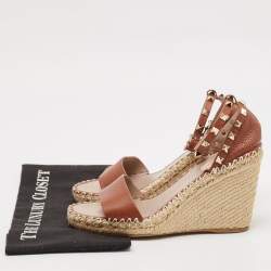 Pre Owned Valentino Brown Leather Rockstud Ankle Strap Espadrille Wedge Sandals Size 39