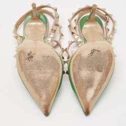 Pre Owned Valentino Green/Beige Leather Rockstud Strappy Pointed Toe Pumps Size 35