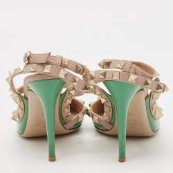 Pre Owned Valentino Green/Beige Leather Rockstud Strappy Pointed Toe Pumps Size 35