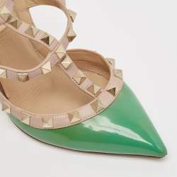 Pre Owned Valentino Green/Beige Leather Rockstud Strappy Pointed Toe Pumps Size 35