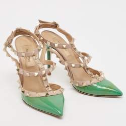 Pre Owned Valentino Green/Beige Leather Rockstud Strappy Pointed Toe Pumps Size 35
