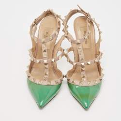 Pre Owned Valentino Green/Beige Leather Rockstud Strappy Pointed Toe Pumps Size 35
