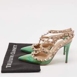 Pre Owned Valentino Green/Beige Leather Rockstud Strappy Pointed Toe Pumps Size 35