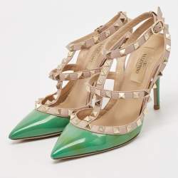 Pre Owned Valentino Green/Beige Leather Rockstud Strappy Pointed Toe Pumps Size 35