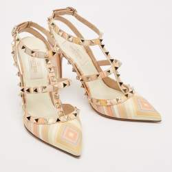 Valentino Multicolor Native Couture 1975 Print Leather Rockstud Ankle Strap Sandals Size 35.5