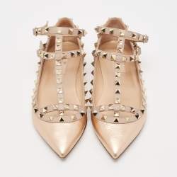 Pre Owned Valentino Rose Gold/Pink Leather Rockstud Ballet Flats Size 37