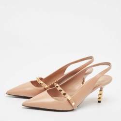 Pre Owned Valentino Beige Leather Rockstud Slingback Pumps Size 39.5