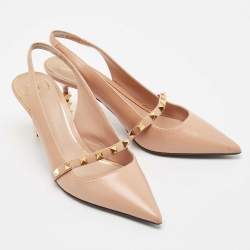 Pre Owned Valentino Beige Leather Rockstud Slingback Pumps Size 39.5