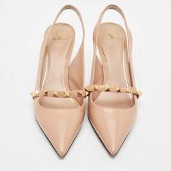 Pre Owned Valentino Beige Leather Rockstud Slingback Pumps Size 39.5