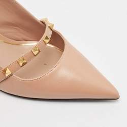 Pre Owned Valentino Beige Leather Rockstud Slingback Pumps Size 39.5