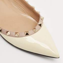 Pre Owned Valentino White/Beige Leather Rockstud Pointed Toe Ballet Flats Size 38
