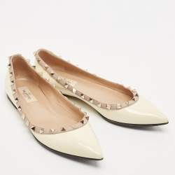 Pre Owned Valentino White/Beige Leather Rockstud Pointed Toe Ballet Flats Size 38