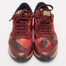 Valentino Red/Burgundy Leather and Suede Rockrunner Sneakers Size 38