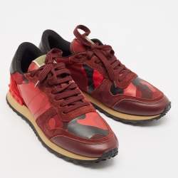 Valentino Red/Burgundy Leather and Suede Rockrunner Sneakers Size 38