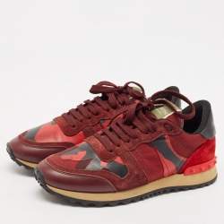Valentino Red/Burgundy Leather and Suede Rockrunner Sneakers Size 38