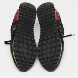 Pre Owned Valentino Black Leather And Lace Rockrunner Sneakers Size 36.5