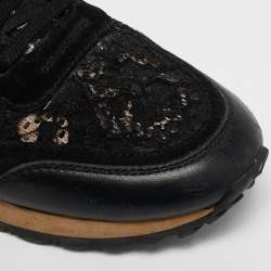 Pre Owned Valentino Black Leather And Lace Rockrunner Sneakers Size 36.5