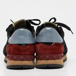 Pre Owned Valentino Black Leather And Lace Rockrunner Sneakers Size 36.5