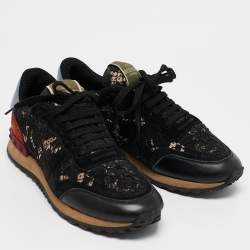 Pre Owned Valentino Black Leather And Lace Rockrunner Sneakers Size 36.5