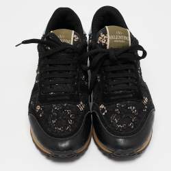 Pre Owned Valentino Black Leather And Lace Rockrunner Sneakers Size 36.5