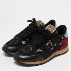 Pre Owned Valentino Black Leather And Lace Rockrunner Sneakers Size 36.5