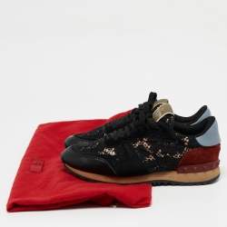Pre Owned Valentino Black Leather And Lace Rockrunner Sneakers Size 36.5