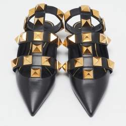 Pre Owned Valentino Black Leather Roman Stud Ankle Strap Flats Size 36