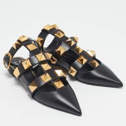 Pre Owned Valentino Black Leather Roman Stud Ankle Strap Flats Size 36