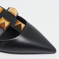 Pre Owned Valentino Black Leather Roman Stud Ankle Strap Flats Size 36