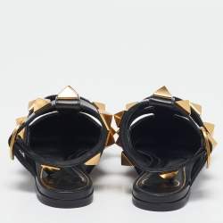 Pre Owned Valentino Black Leather Roman Stud Ankle Strap Flats Size 36