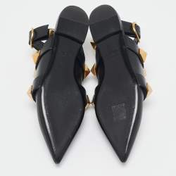 Pre Owned Valentino Black Leather Roman Stud Ankle Strap Flats Size 36