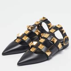 Pre Owned Valentino Black Leather Roman Stud Ankle Strap Flats Size 36